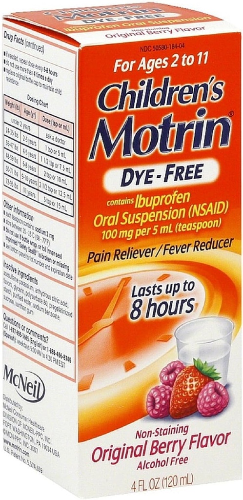 Motrin Children 's Dy- Free Pain Reliever / Fever Reducer, Original Berry Flavor 4 Oz (3 Pack)
