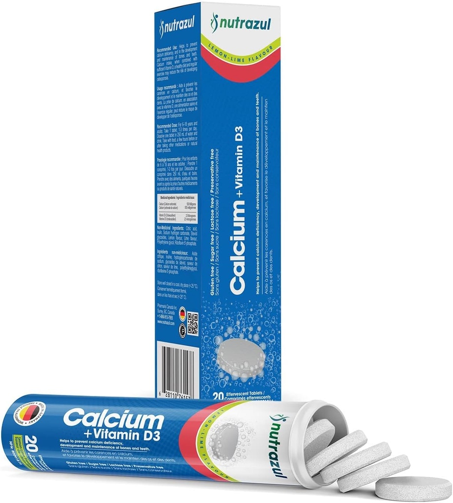 Nutrazul Calcium + D3- vitamin Effervescent Tabletterne er 124; 20 tabletter er 124; understøtter ben sundhed & vedligeholdelse; 124; for voksne & børn er 124; Lemon- Lime Flavor