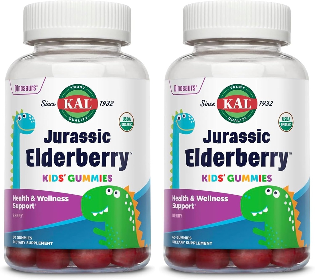 KAL Jurassic Elderberry Kids Gummey 124; Sund Immunstøtte 124; USDA Organic, Vegan, Gluten Free