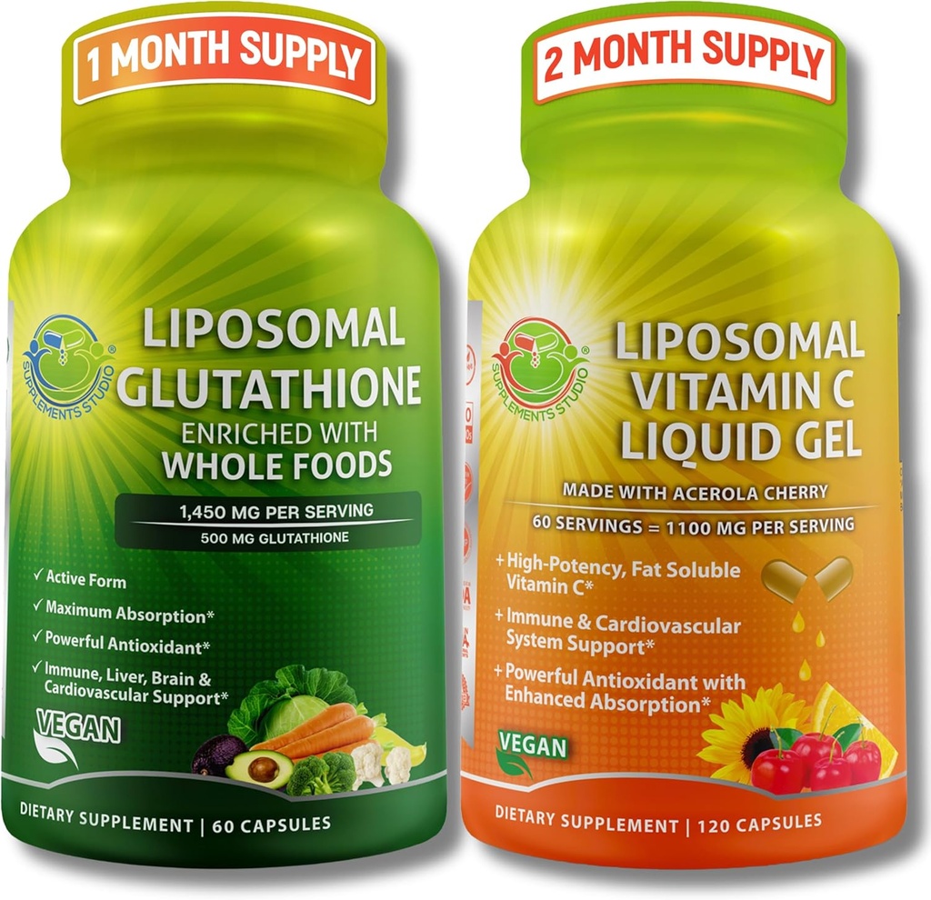 TILLÆG STUDIO Antioxidant, Cellulær & immun Support Bundle - Liposomal Glutathion 500mg med økologiske hele fødevarer + Liposomal Vitamin C 1100mg med økologiske Acerola Cherry