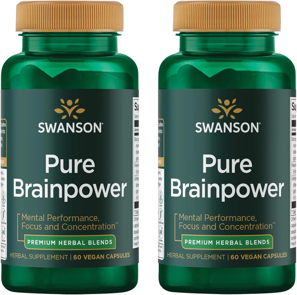 Swanson Pure Brainpower Brain Health Cognitive Memory Focus Support Brain- Derived Neurotrophic Factor (BDNF) Herbal Supplement (Ginkgo Biloba, Bacopa Monnieri) 60 Veggie Kapsler (Veg Caps) (2 Pack)