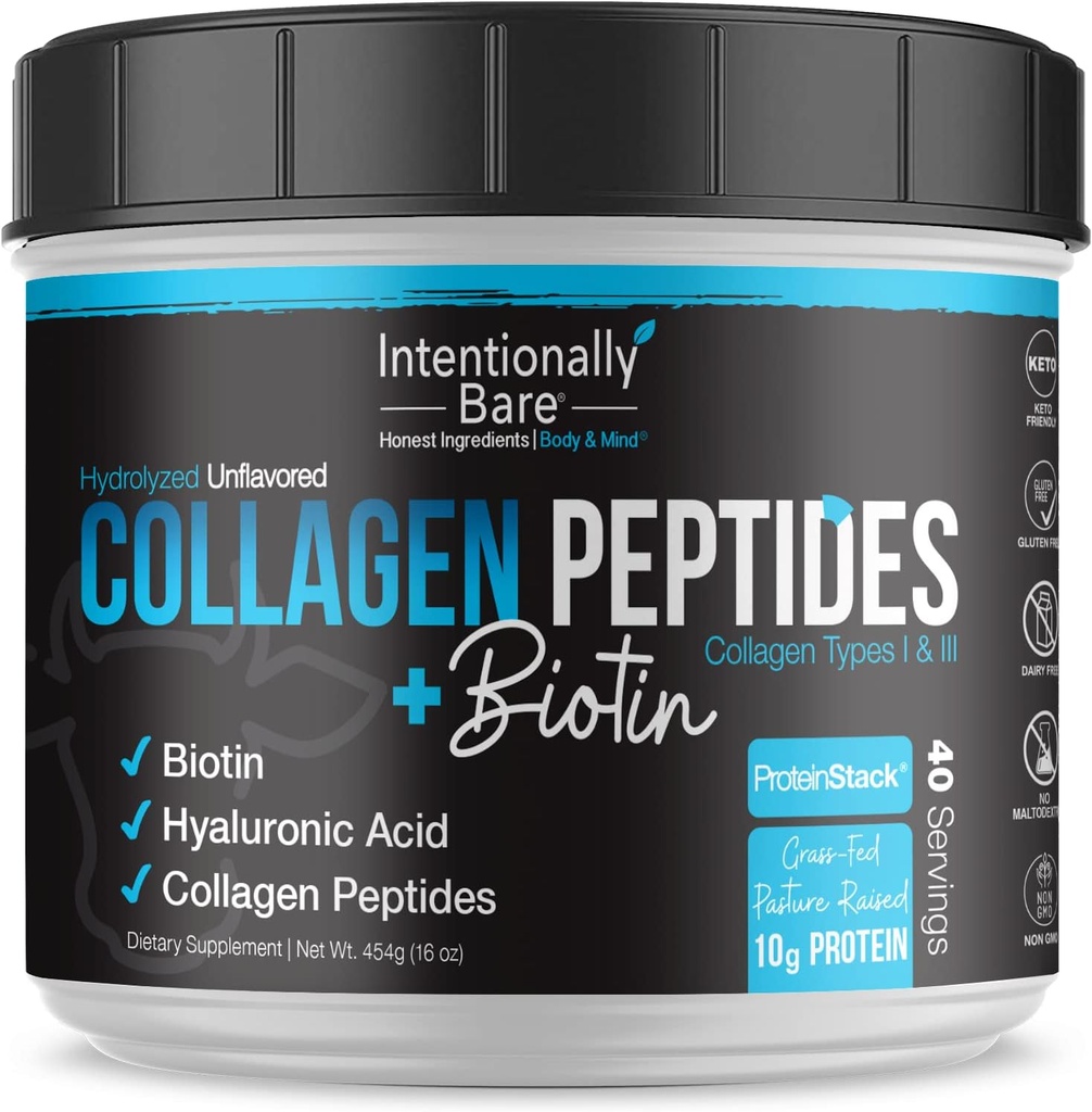 Intentionally Bare Collagen Powder Unflavored - Collagen Peptider Powder with Biotin & Hyaluronic Acid - Non- GMO & Grass Fed Collagen Protein Powder med 10g Protein - Keto Collagen Powder 40 Servere