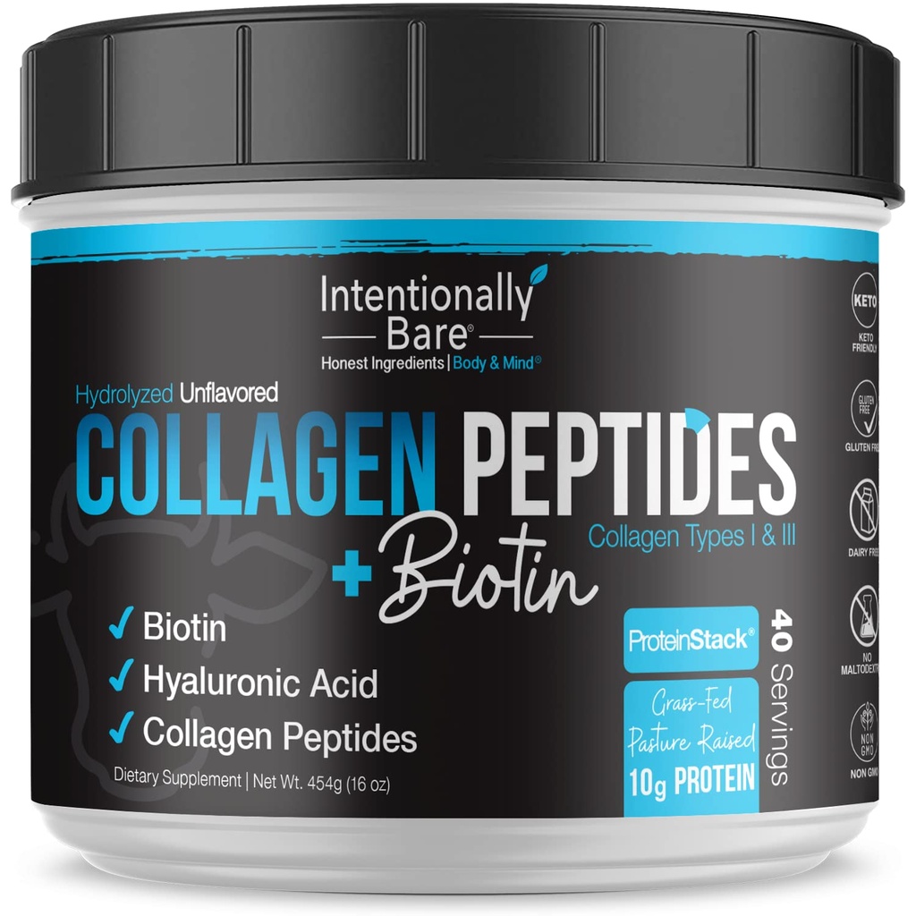 Intentionally Bare Collagen Powder Unflavored - Collagen Peptider Powder with Biotin & Hyaluronic Acid - Non- GMO & Grass Fed Collagen Protein Powder med 10g Protein - Keto Collagen Powder 40 Servere