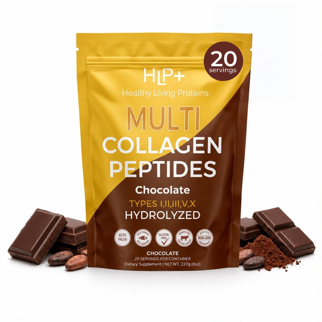 Healthy Living Proteins - Hydrolyzed Multi Collagen Peptides Powder Types I, II, III, V & X - Grass Fed Bovine, Wild Caught Marine, Free Range Chicken - Gluten Free (Chocolate, 8 oz)