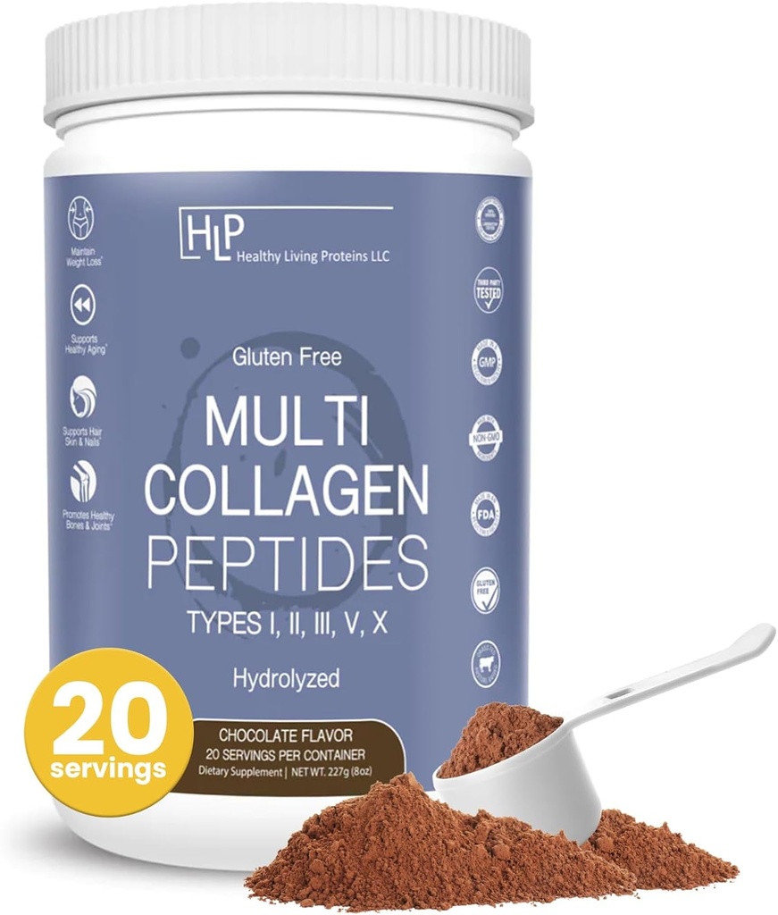 Sund Living Proteiner - Hydrolyzed Multi Collagen Peptider Powder Typer I, II, III, V & X - Græs Fed Kvæg, Vild fanget Marine, Free Range Chicken - Gluten Free (Chokolade, 8 oz)
