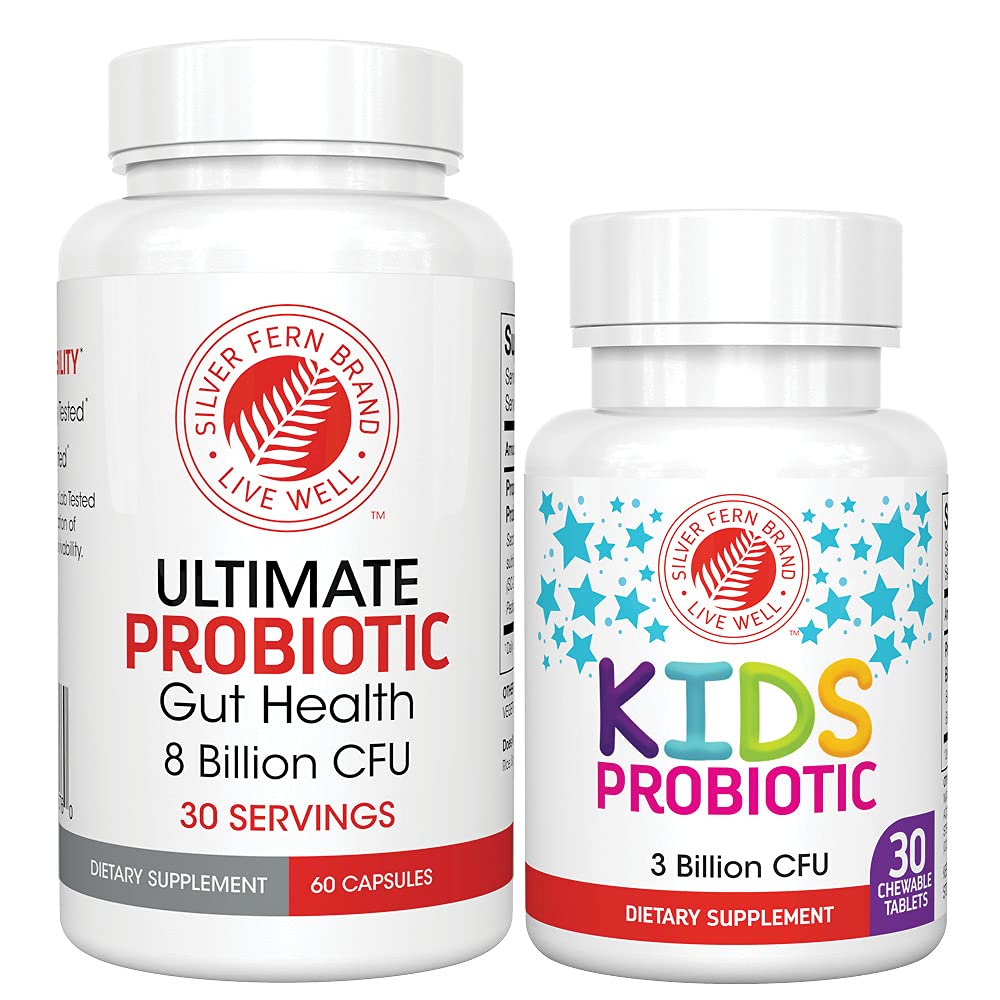 Sølv Fern Brand Family Probiotika - Ultimate Voksen Probiotika (1 flaske = 60 Kapsler) Plus Ultimate Children 's Probiotic for Kids (1 flaske = 30 Chewables) - Gut Health & Microbiome Support