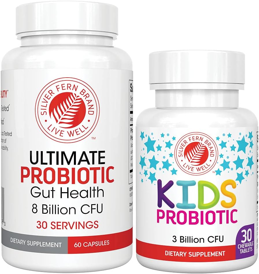 Silver Fern Brand Family Probiotics - Ultimate Adult Probiotic (1 Bottle = 60 Capsules) Plus Ultimate Children's Probiotic for Kids (1 Bottle = 30 Chewables) - Gut Health & Microbiome Support