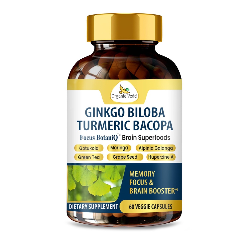 Organic Veda Ginkgo Biloba Turmerisk Bacopa Brain Supplement til hukommelse, Mood & Fokus med Ashwagandha - Koncentration, Energi & Brain Booster, Sunde Joints & Circulation Support - 60 Vegansk Capsule
