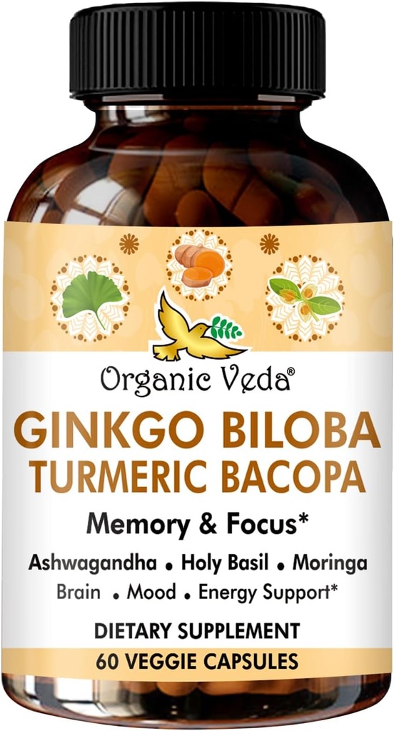 Organic Veda Ginkgo Biloba Turmerisk Bacopa Brain Supplement til hukommelse, Mood & Fokus med Ashwagandha - Koncentration, Energi & Brain Booster, Sunde Joints & Circulation Support - 60 Vegansk Capsule