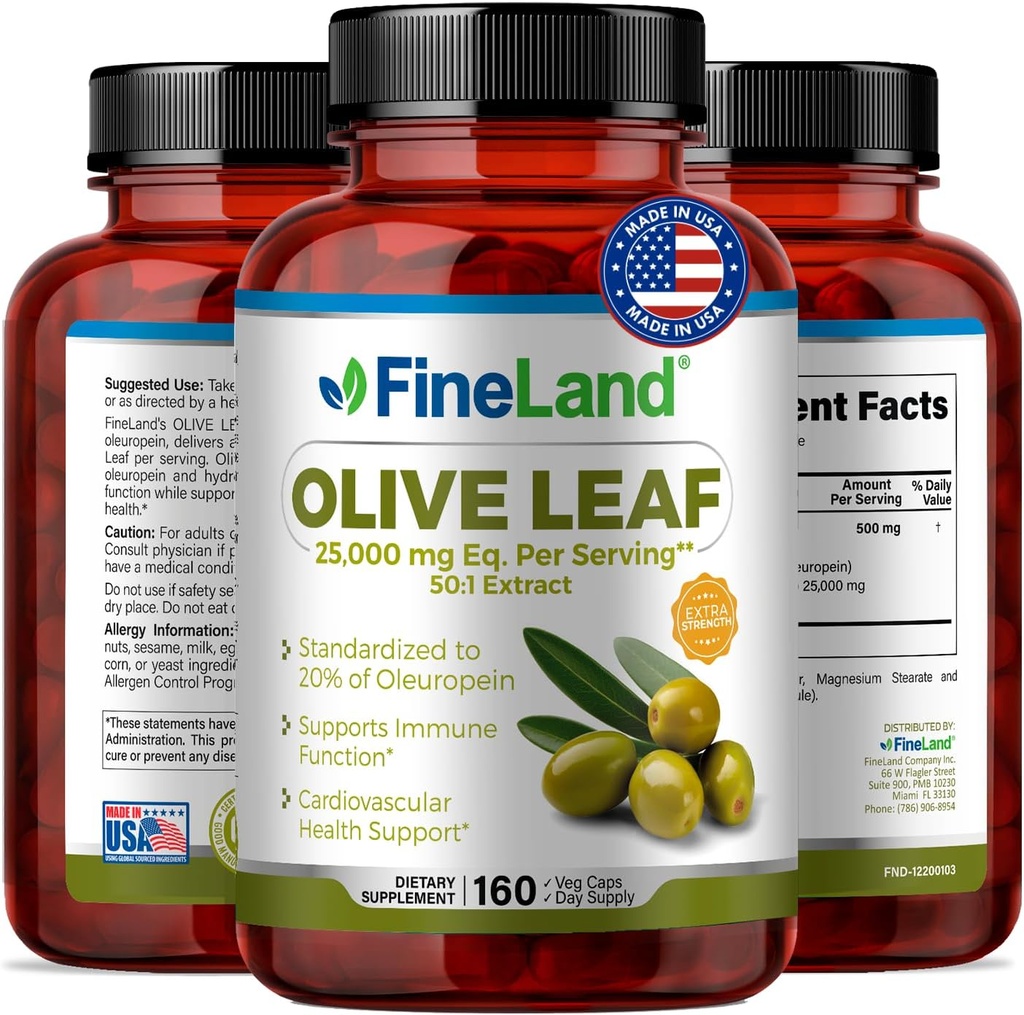 FineLand Olive Leaf Extract 50x - 25,000mg Eq. per Serving Measures 124; 160 Vegan Caps, Olive Extract med 20% Oleuropein Measures 124; Urteantioxidant supplement til cirkulære og immunforsvar, Lavet i USA