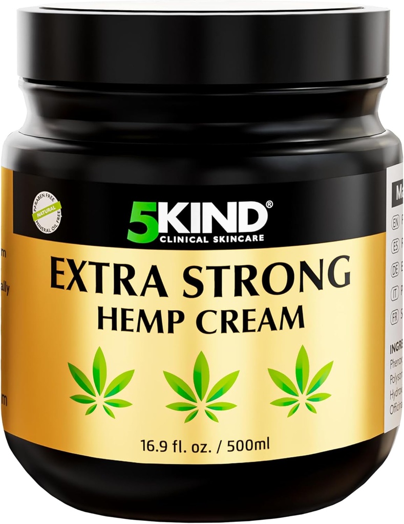 5kind Extra Strong Hamp Cream 16,9 fl oz- Maksimum Styrke - Natural Lindrende Relief - Muscle Rub til Lavere Ryg, Joints, Neck, Knees & Skuldere - Maksimal Styrke Hamp Cream