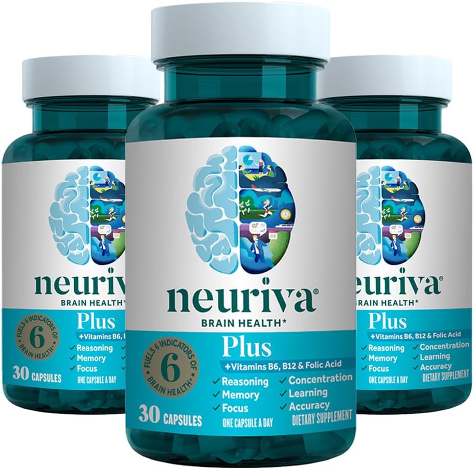 NEURIVA Plus Brain Supplement for hukommelse, fokus og koncentration + kognitiv funktion med klinisk testet Nootropics Phosphatidylserin og Neurofaktor, VIT B6 & B12, 30 Count Capsules (3 Pack)