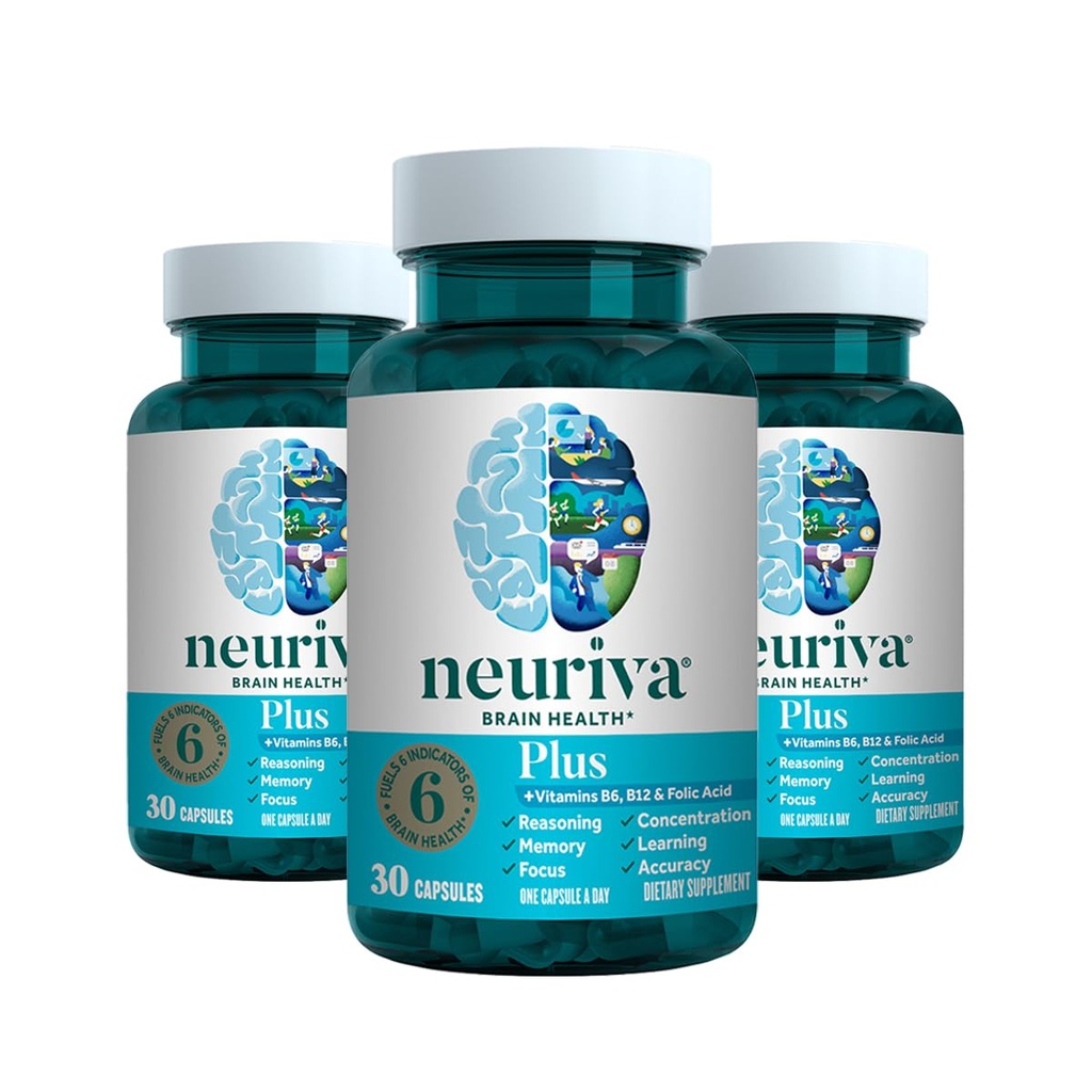 NEURIVA Plus Brain Supplement for hukommelse, fokus og koncentration + kognitiv funktion med klinisk testet Nootropics Phosphatidylserin og Neurofaktor, VIT B6 & B12, 30 Count Capsules (3 Pack)