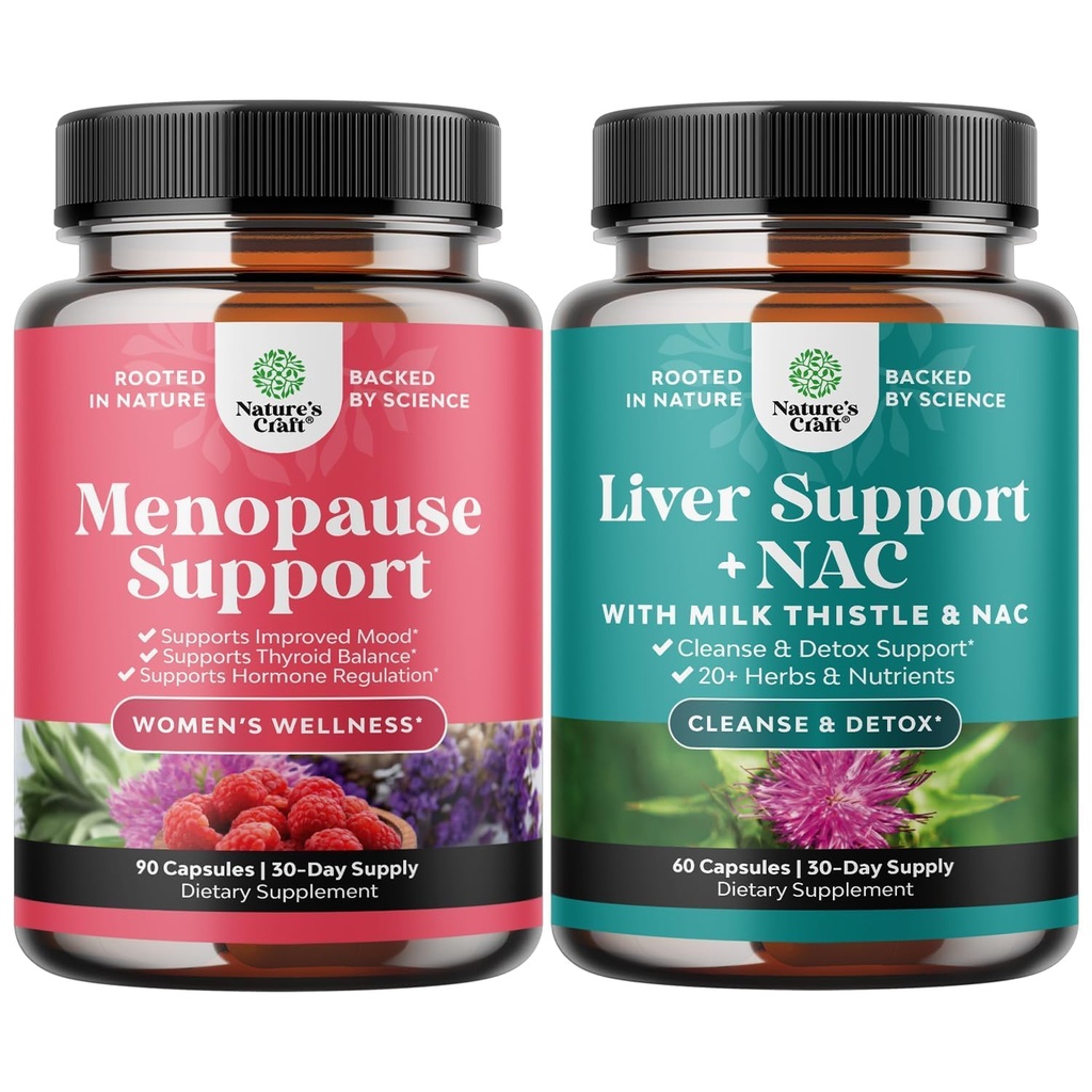 Bundle af overgangsalderen supplement til kvinder med Dong Quai, Vitex Chaste Berry & Black Cohosh og leverstøtte NAC supplement med mælk tidsel, Artiskoke, Cholin & Beetroot til Detox & Reparation