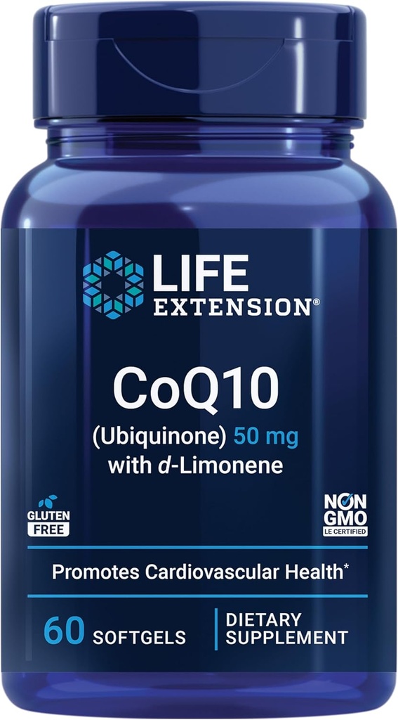 Life Extension Super- Absorbable CoQ10 (Ubiquinone) med d- Limonene, Heart Health Supplement, lindrer generel træthed, oxidativ stress forsvar, 50 mg, Non- GMO, Gluten- Free, 60 softels