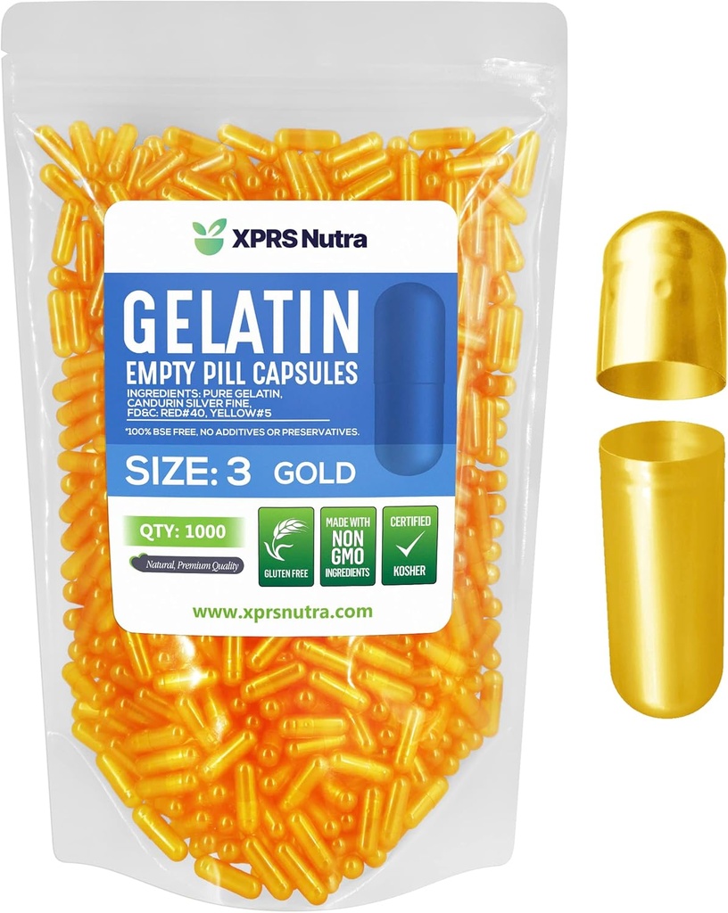 XPRS Nutra Størrelse 3 Tomme kapsler - 1000 Tomme Gelatine kapsler - Piller selv Capsule Fyldning - Fyldelig Pure Bovin Pille Gel Caps til Do- It- Yourself Kosttilskud (Guld)