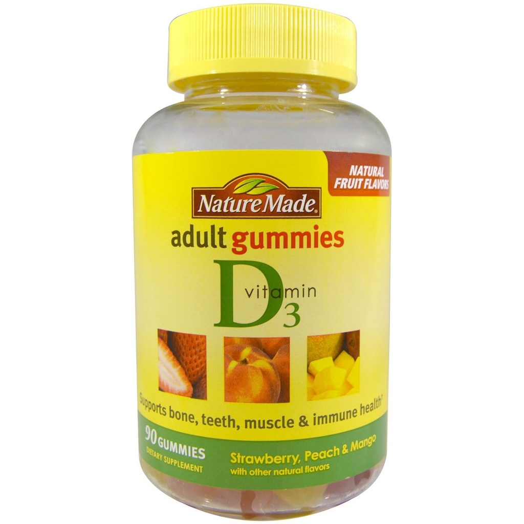 Nature Made D-vitamin 3 Voksen Gummies Jordbær - Peach & Mango, 90 Gummies, 3 Greve