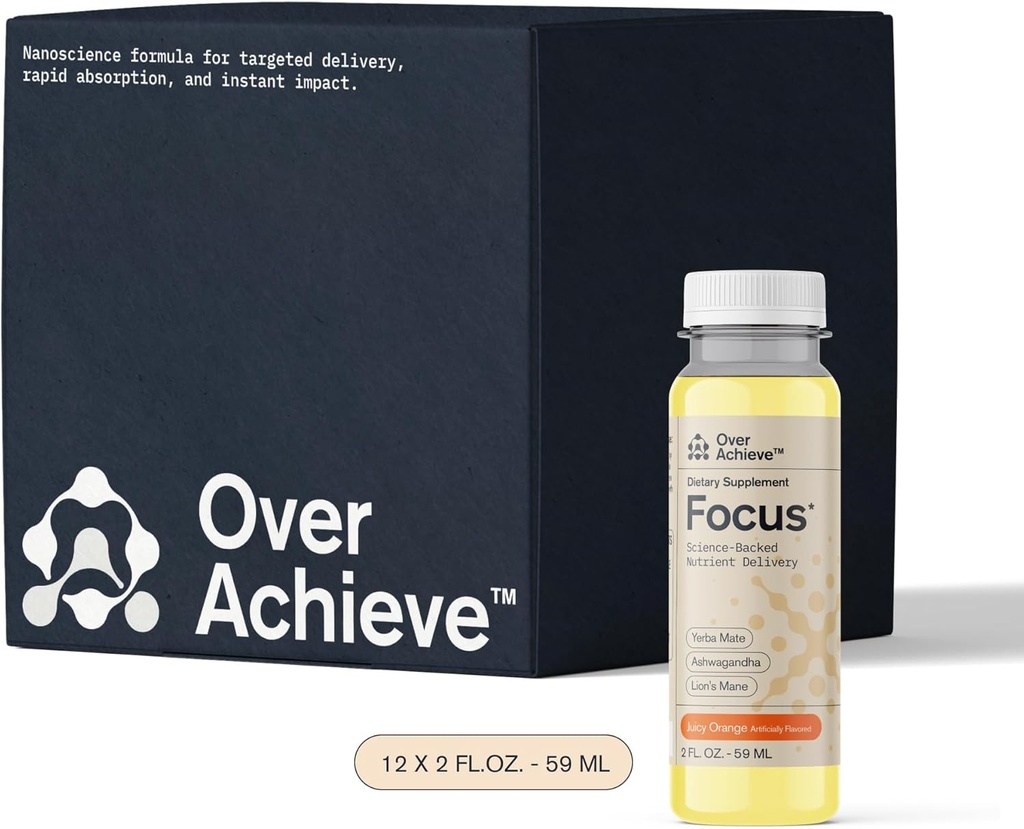 Focus drink til koncentrering- Indeholder Yerba Mate, Ashwagandha og Lions Mane Mushroom med avanceret Nanoscience Technology - 12 Pack Brain Focus drink, Orange Flavor, 2oz