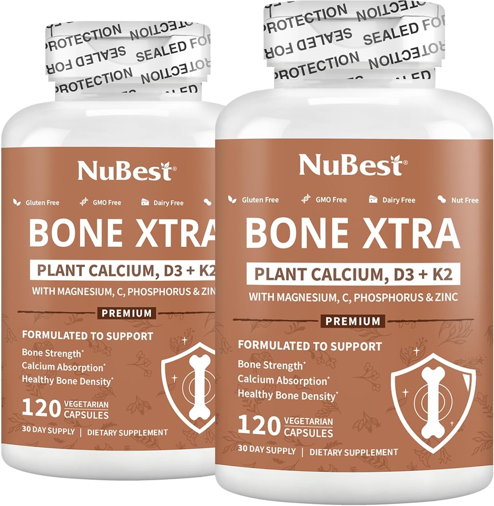 NuBest Bone Xtra Plant- Based Bone Strength Formel med calcium, Magnesium fra Marine Algae, Phosphorus, C-vitamin, K2, D3 Budd124; Immunitet & Maximum Calcium Absorbate 124; Pack 2