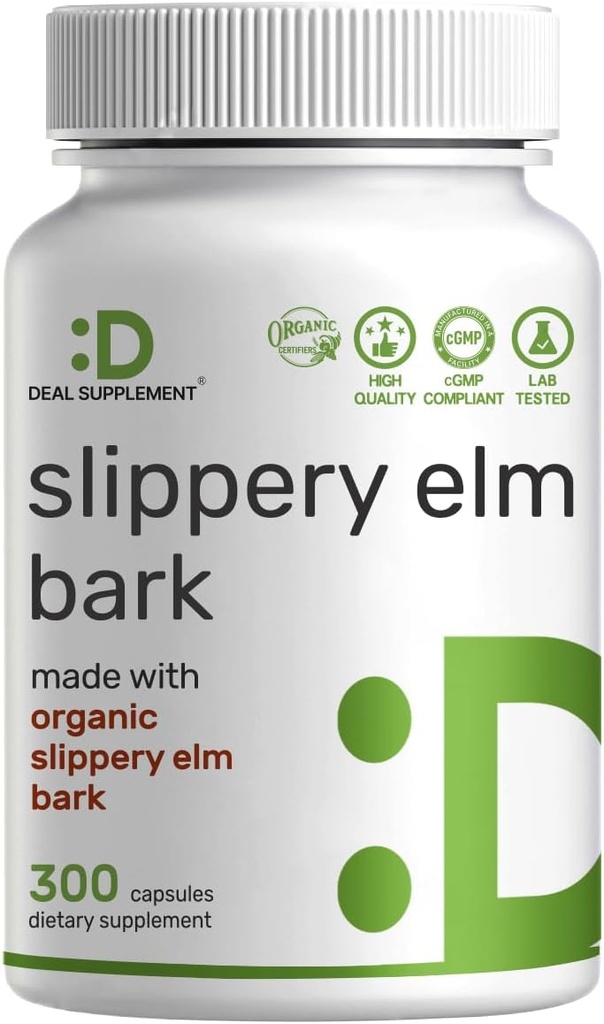 DEAL SUPPLEMENT Slippery Elm Kapsler - 300 piller, Lavet med Organic Indre Bark Powder Extract - Natural Herb for Lindrende Hals & fordøjelsesstøtte - Non- GMO