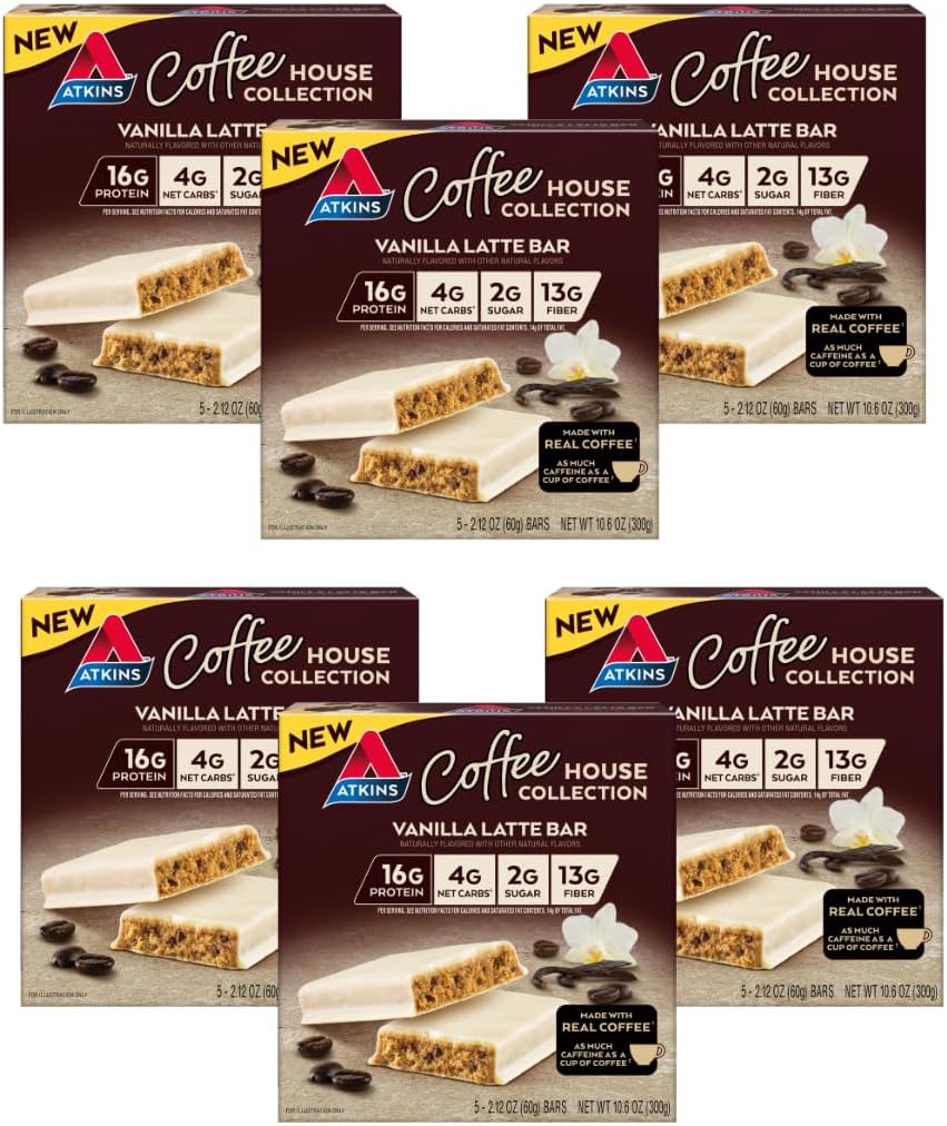 Atkins Coffee House Meal Bar, Vanilla Latte, 16g Protein, 4g Net Carbs, 2g Sukker, 13g Fiber, Lavet med Real Coffee, 5 Greve (Pack of 6)