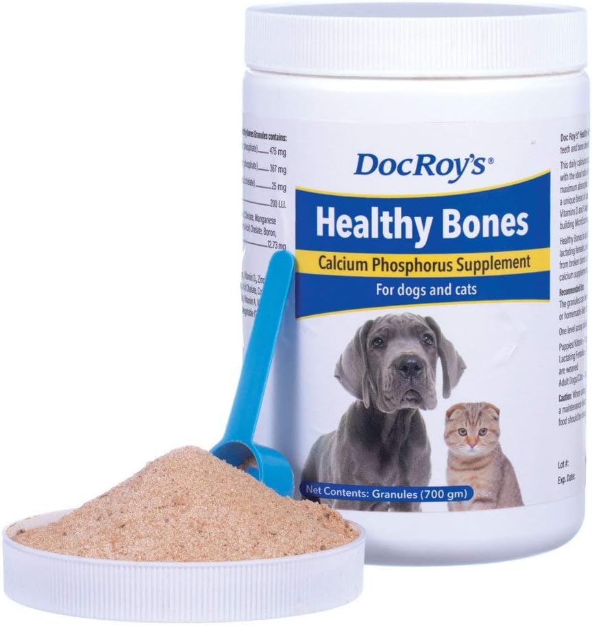 Doc Roy 's Sunde Bones Calcium Phosphorus supplement Vitamin til hvalpe, Hunde, Kittens & Lactating Females, Understøtter stærke knogler, tænder & muskler, Roast Beef & Lever Flavored, 700g Granulater