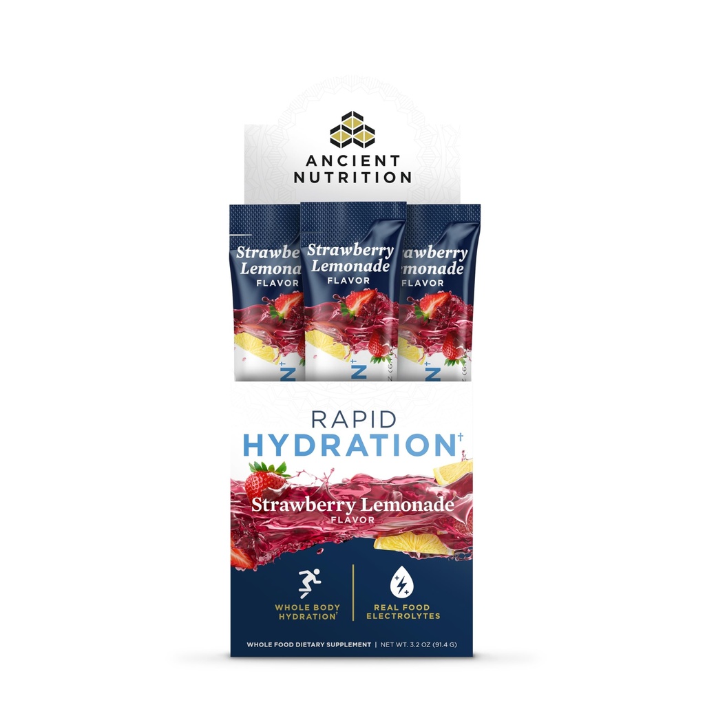 Ancient Nutrition Rapid Hydration Powder, Strawberry Lemonade, Elektrolyter fra Natural Sea Salts og Red Marine Algae, Understøtter Rapid Body Hydration og Cellular Health, 15 Serveringer