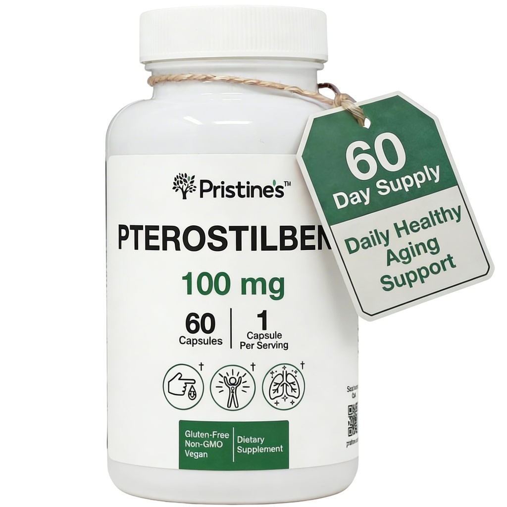 PRISTINE 'S Pterostilbene 100mg Antiældningstilskud Kapsler - 60 dages forsyning - Lungesundhed & Mental Clarity Antioxidant - Høj biotilgængelighed Vegan Non GMO