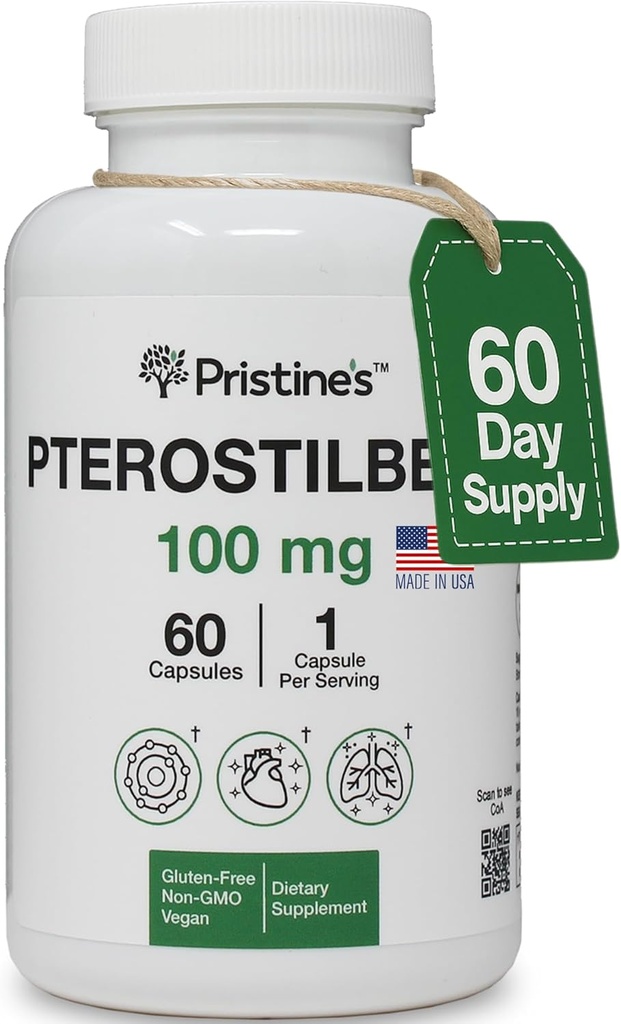 PRISTINE 'S Pterostilbene 100mg Antiældningstilskud Kapsler - 60 dages forsyning - Lungesundhed & Mental Clarity Antioxidant - Høj biotilgængelighed Vegan Non GMO