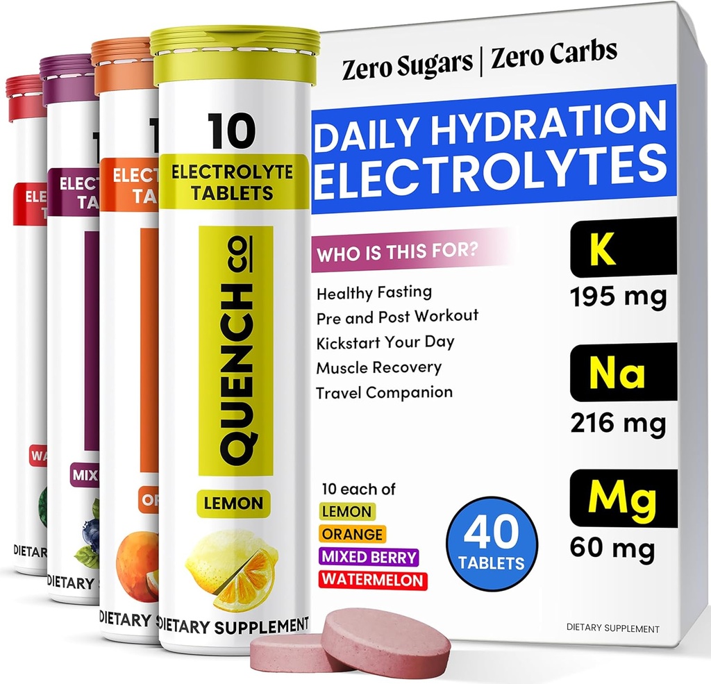Quench Electrolyte Tablets 40 Count Instant Hydration, Electrolytes, Fastende Electrolytes Ingen sukker til optimal Hydration Support Ikke pulver - Vandmelon, Orange, Blandet Berry, Lemon Flavors