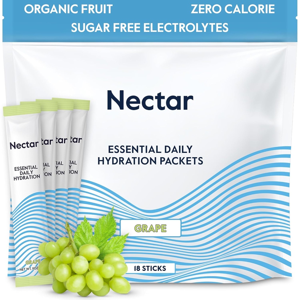 Nectar Hydration Pakninger - Elektrolyter Powder Pakninger - Sukker Free & 0 Calorie - Økologisk frugtvæske Dagligt IV Hydratsticks til Dehydrering Relief & Rapid Rehydration (Grape 18 Pack)