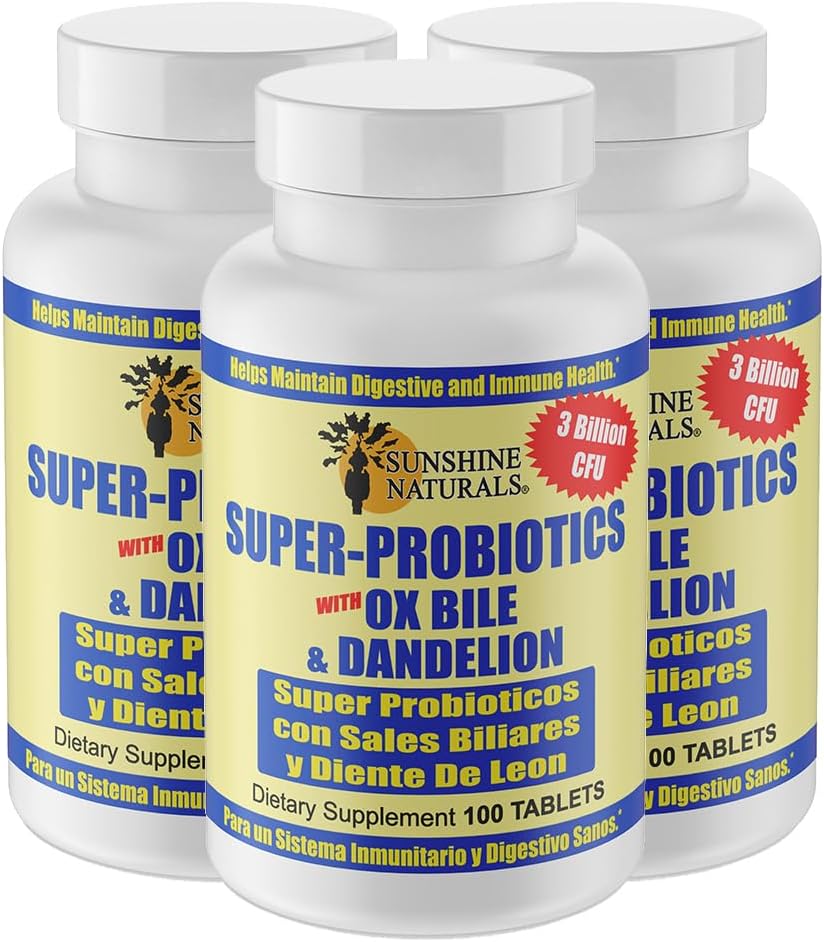Sunshine Naturals Super Probiotika supplement. Forbedrer fordøjelsen, Gut sundhed, immunsystemet support, og sund tarmfunktion. Fremme sund Flora og Balance. 100 kapsler. Pakning med 3
