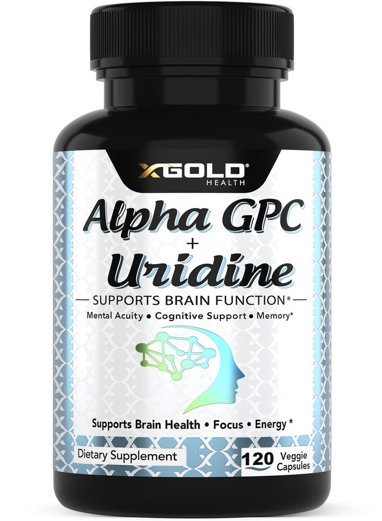 Alpha Gpc + Uridine 900mg - Kraftfuld Nootrope til Boost Focus, Hukommelse, Energi, Mood & Kognitiv ydeevne - 120 Vegetariske kapsler