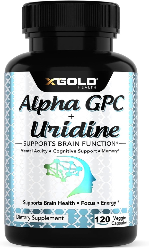 Alpha Gpc + Uridine 900mg - Kraftfuld Nootrope til Boost Focus, Hukommelse, Energi, Mood & Kognitiv ydeevne - 120 Vegetariske kapsler