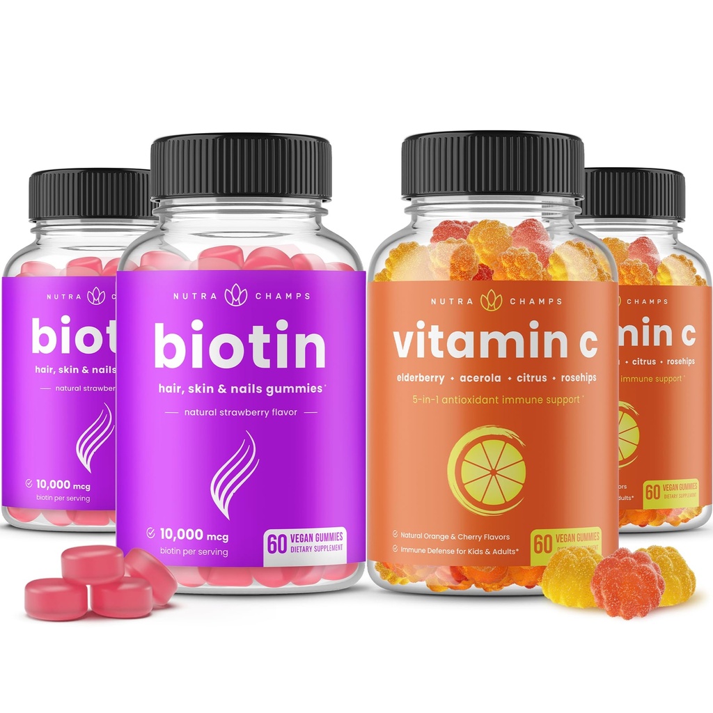 NutraChamps Biotin Gummies (2 Pack) og C-vitamin Gummies (2 Pack) 4 Pack Bundle