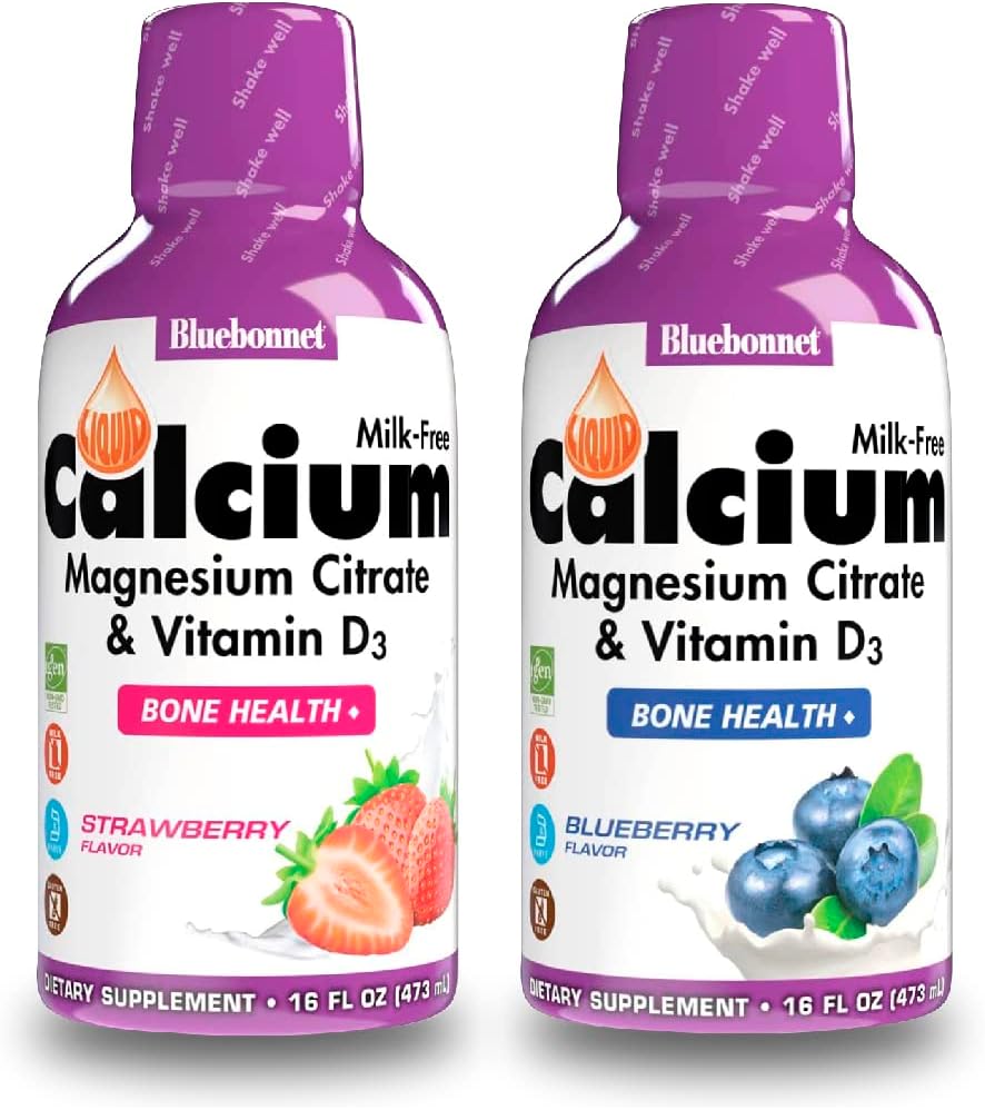 Bluebonnet Nutrition Flydende Calcium Citrat Magnesium Citrat, Vitamin D3- Bundle af blåbær Flavor og Jordbær Flavor, 2 Flaske med 16 Fl Oz Hver (32 Fl Oz i alt)