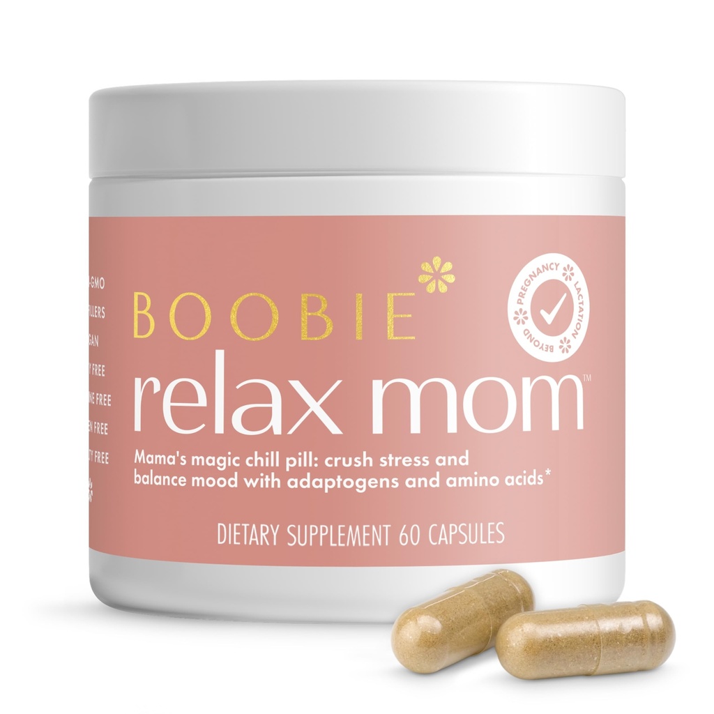Boobie Relax Mor, Postpartum Stress Support Supplement 124; Amning Godkendt 124; Food og energi Support med Ashwagandha & L- Theanine, 60 kapsler