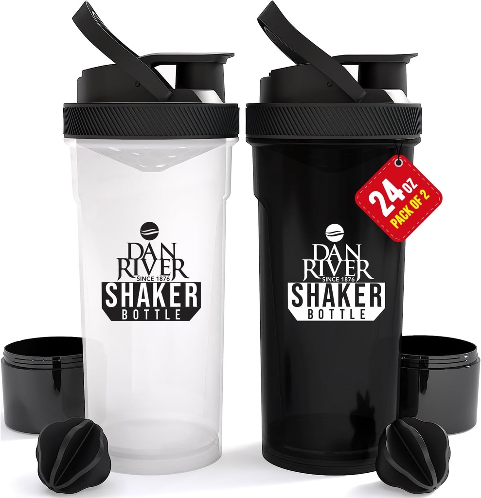 DAN RIVER 2- Pack Shaker Bottle ttesmå 124; 24oz Plastic Protein Shaker & Mixer ttesmå 124; Twist & Lock Design for Smoothies & Protein Mixes ttesmå 124; Holdbar, Leak- Proof, Let at rengøre 124; Clear & Black Shaker Flasker til Gym