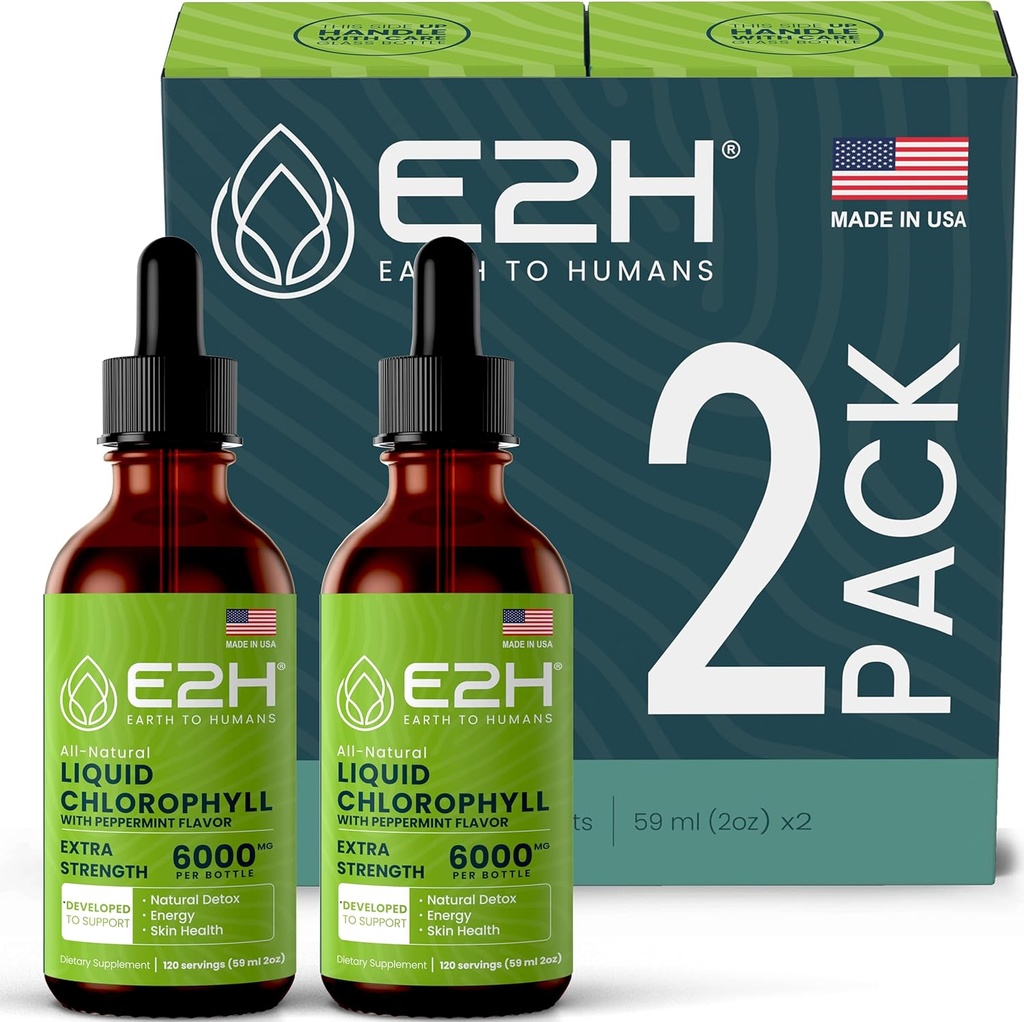 E2H Chlorophyll flydende dråber - Natural Energy Booster, immunsystem support og intern deodorant - Pebermynte Flavor - (2 flasker)