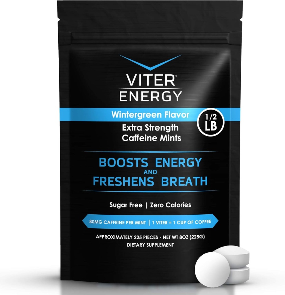 Viter Energy Extra Strength Coffeed Mints 80mg Coffein, B Vitamin, Sugar Free. (Wintergreen, 8oz, Bulk Bag)