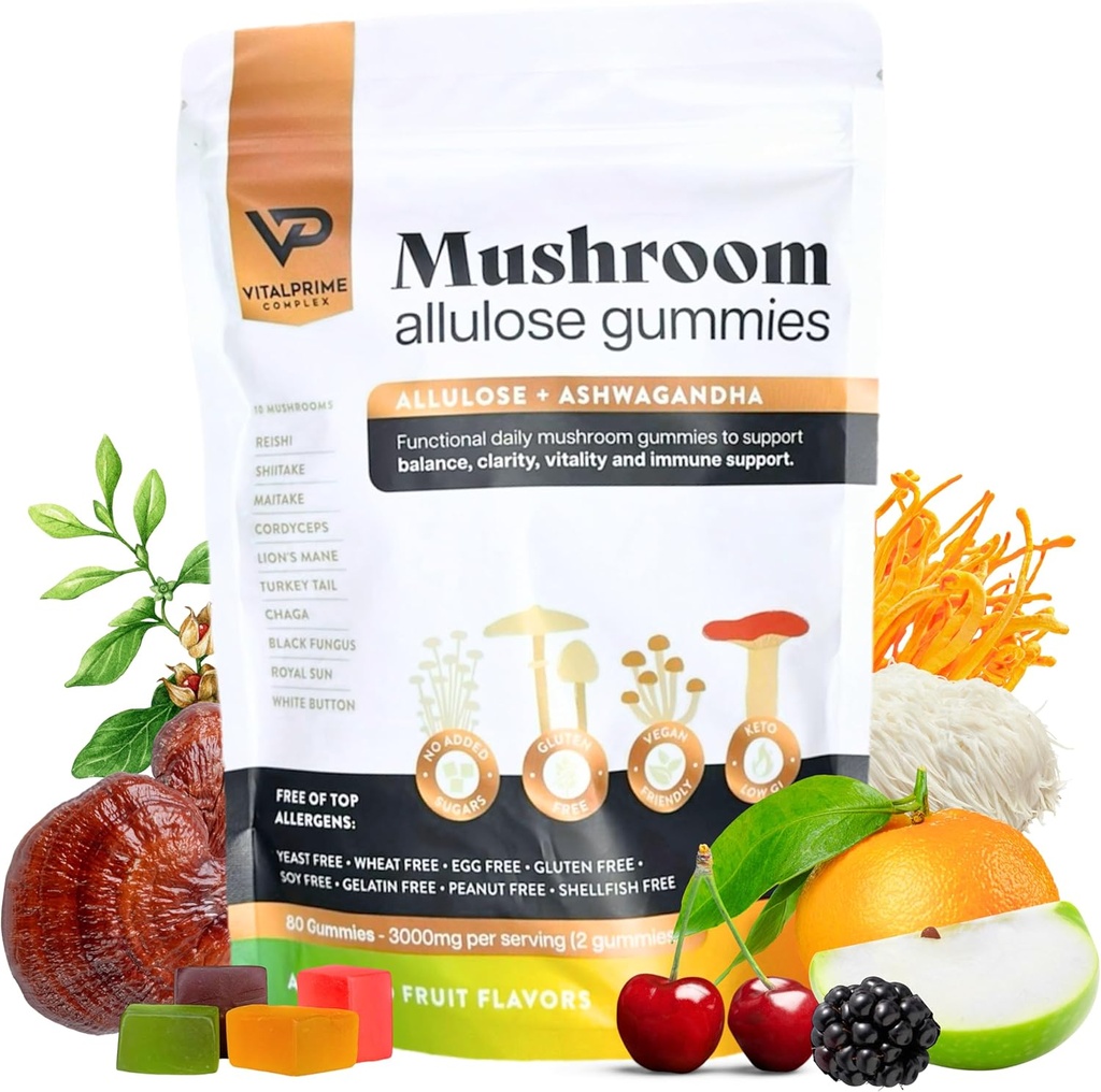 Sugar- Free Ashwagandha & Mushroom Gummies Supplement 124; 10 Functional Mushrooms per Serving
