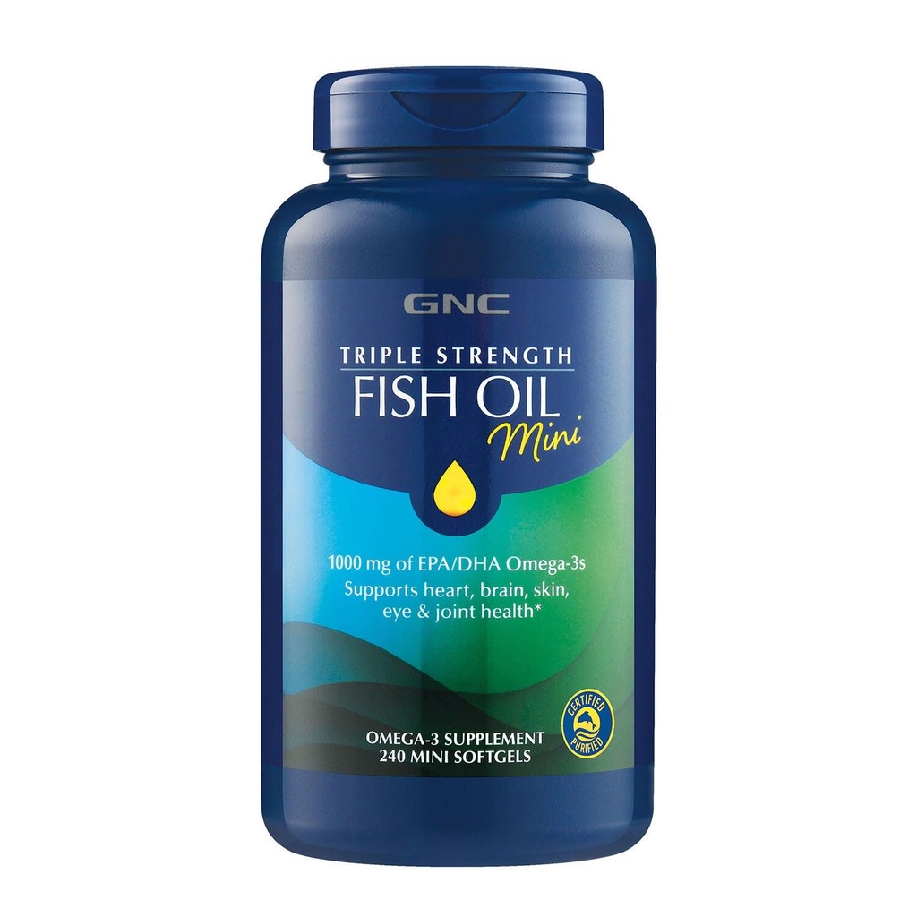 GNC tredobbelt styrke Fish Oil Mini Omega 3 tillæg, 1000mg EPA og DHA, understøtter hjerte, hjerne, hud, øje og fælles sundhed, 240 Mini Softgels