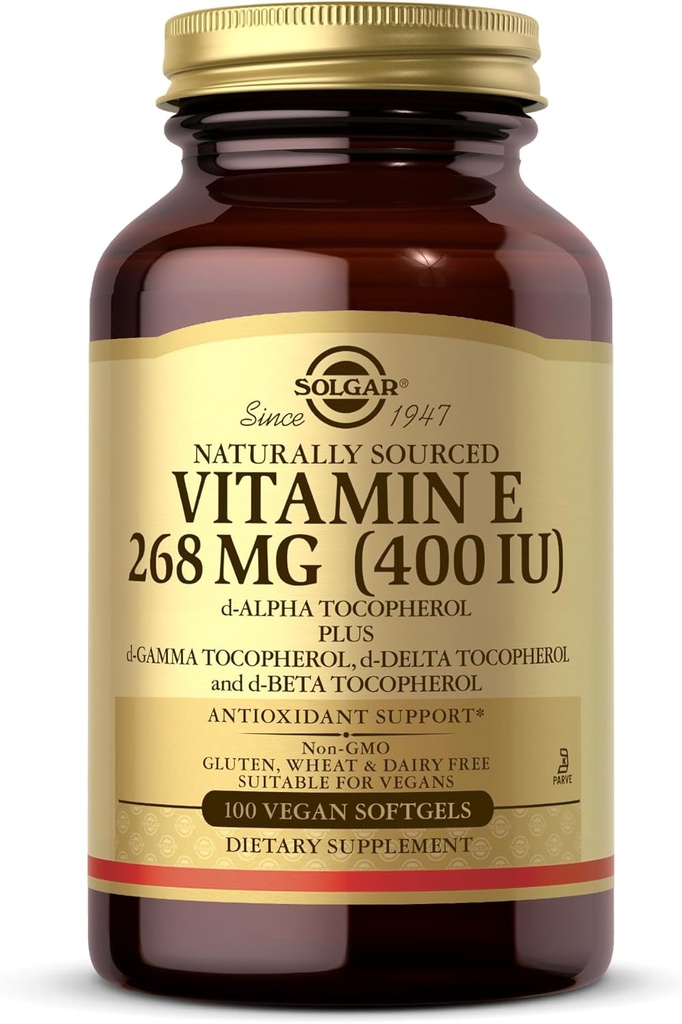 Solgar Vitamin E 268 mg (400 IE) - 100 Vegan Softgels - naturligt sourced - Non-GMO, Gluten Free - 100 Servere