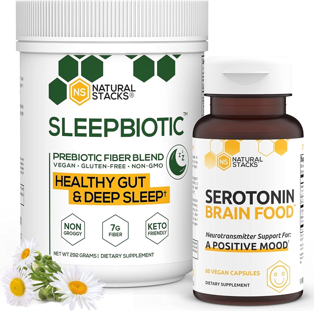 Naturlige stakke Kosttilskud Bundle - SleepBiotic Prebiotic Fiber (292g) + Serotonin supplement (60caps) - for Mood & Energy Boost, Mental Health, Gut Health og bedre søvn