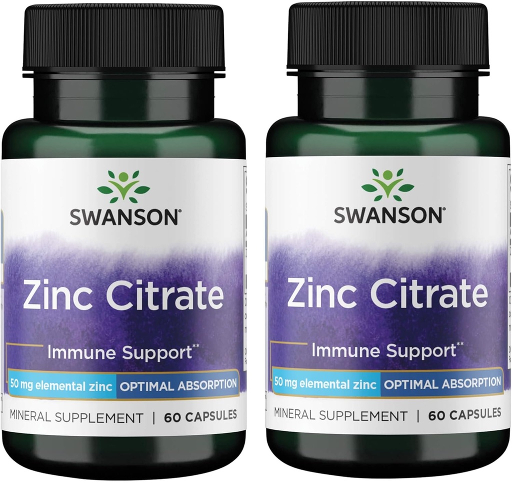 Swanson Zinkcitrat - Mineral supplement Fremme sund Vision & Immunsystem Sundhed - Naturlig formel støtte Samlet wellness - (60 kapsler, 50 mg hver) (2 Pack)