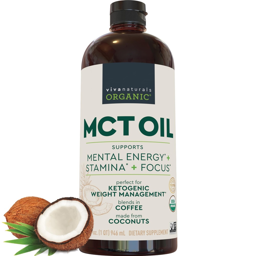 Viva Naturals Organic MCT Olie, 32 fl oz - MCT Olie til kaffe, USDA Organic, Non- GMO, Paleo Certified & Keto Friendly, Understøtter Energi & Mental Clarity