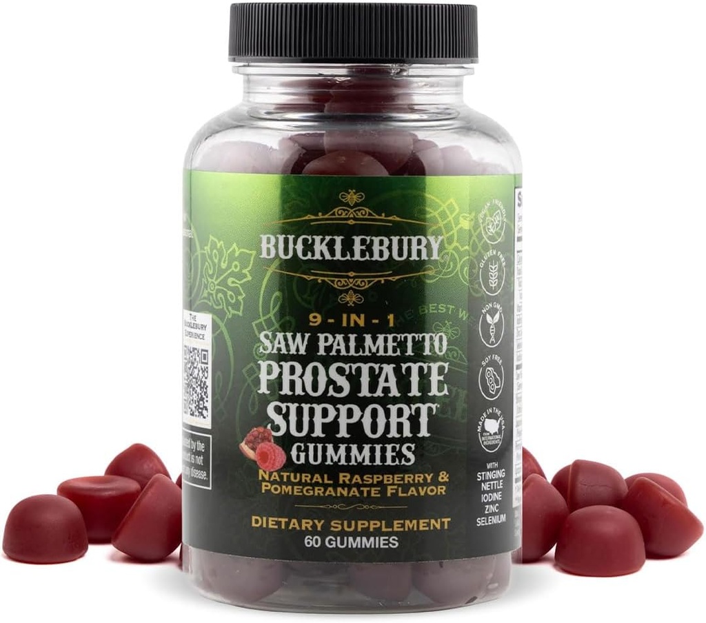 BuckLEBURY 9-in-1 Natural Saw Palmetto Gummies med Raspberry & Pomegranate Flavor - Plantbaserede Prostata Support Kosttilskud til Herre Brege Sundhed, Hårvækst & Urinary Support - 60 Gummies