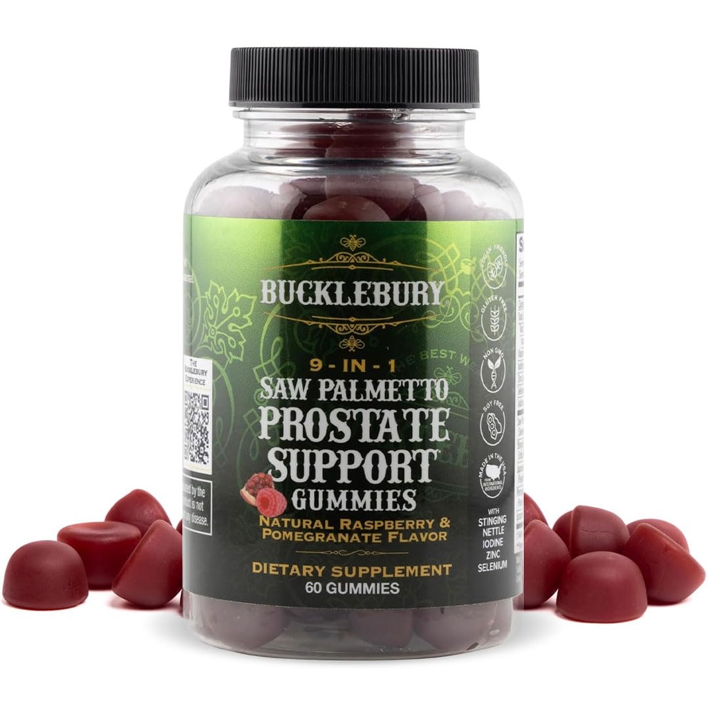BuckLEBURY 9-in-1 Natural Saw Palmetto Gummies med Raspberry & Pomegranate Flavor - Plantbaserede Prostata Support Kosttilskud til Herre Brege Sundhed, Hårvækst & Urinary Support - 60 Gummies