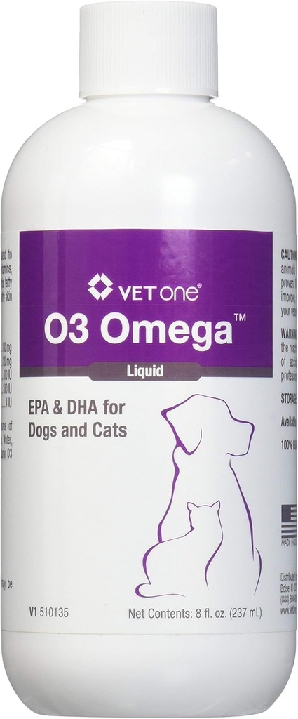 Vet One O3 Omega flydende EPA & DHA for hunde & katte - Hud & Coat supplement - Understøtter immunsystemet & fælles sundhed - 8 oz