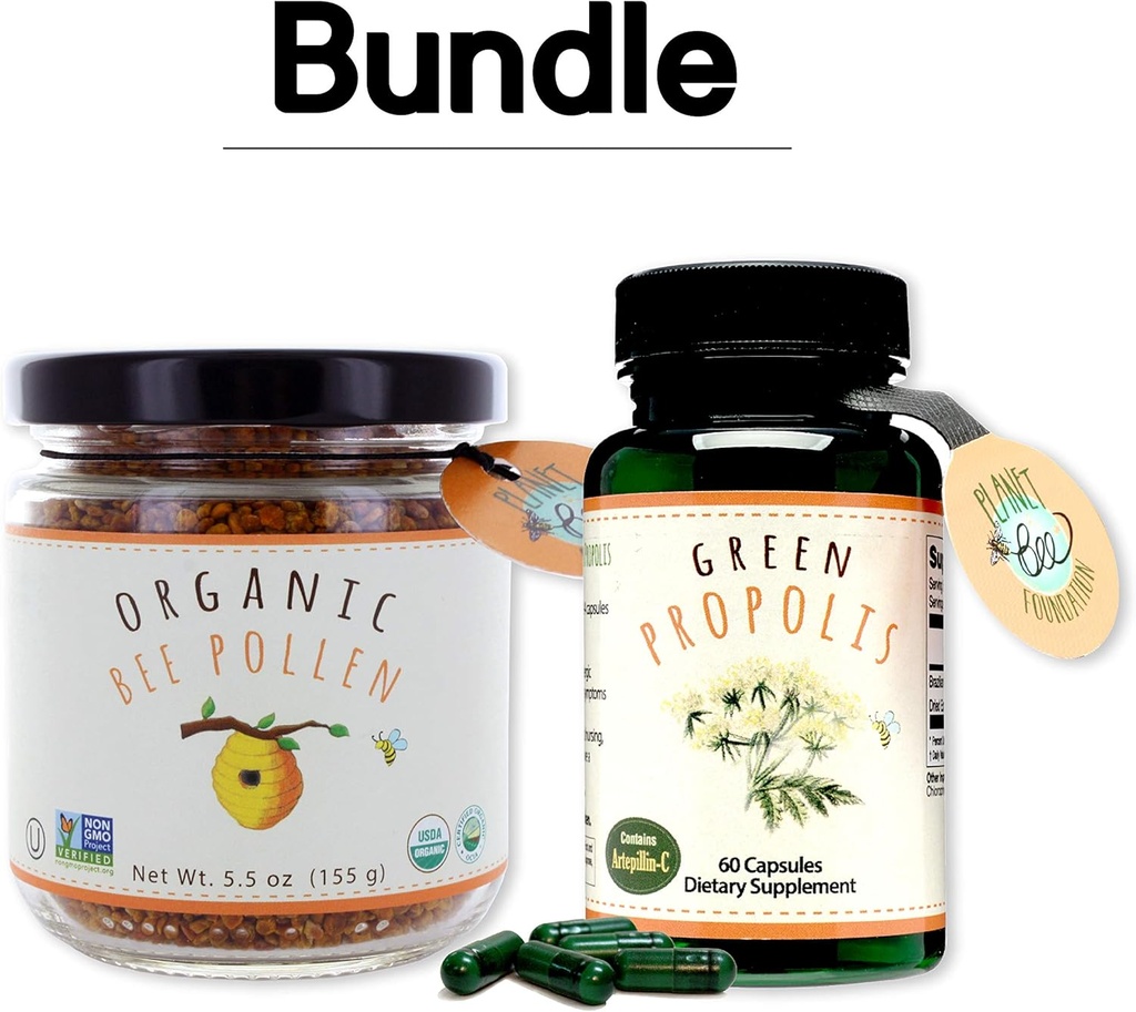 Greenbow Organic Bee Pollen - 100% USDA Certified Organic, Pure, Natural Bee Pollen - Superfood pakket med proteiner, vitaminer og mineraler - 155g Green Propolis 60 caps